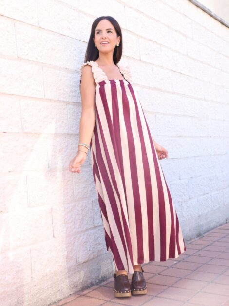 VESTIDO LAZO RAYAS BERENJENA/BEIGE