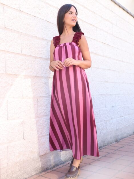 VESTIDO LAZO RAYAS BERENJENA/ROSA
